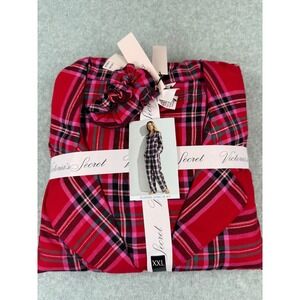 Victoria's Secret Flannel Long Pajama Set XXL‎ Red Plaid Sleepwear w/ Scrunchie